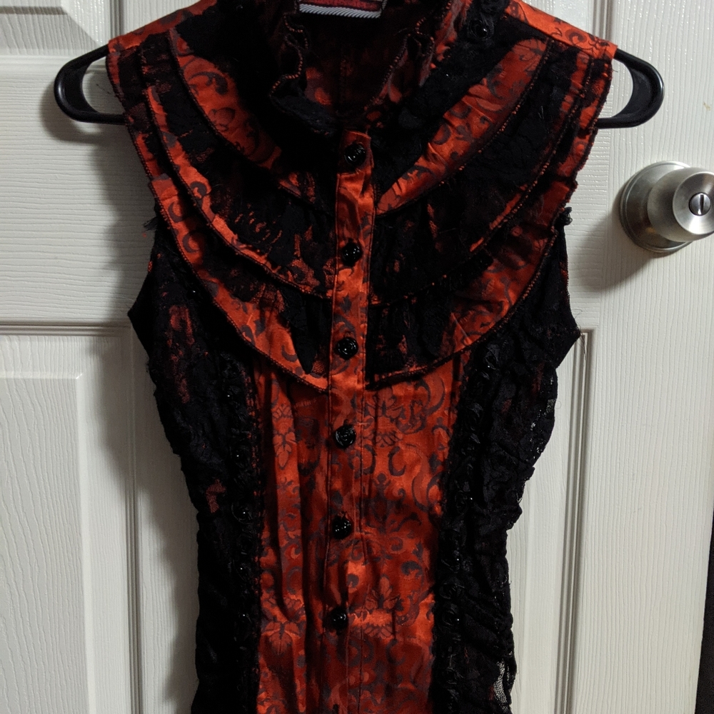 Jawbreaker Gothic Red Brocade & Black Lace Blouse